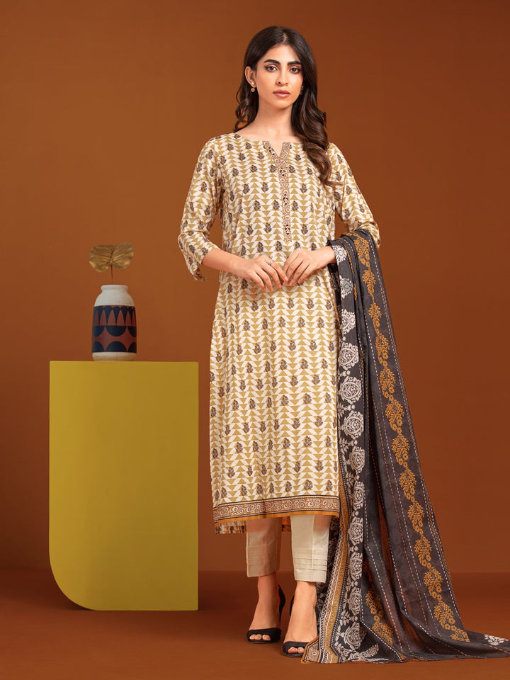 EWU23A3-27083-3P Unstitched Beige Printed Khaddar 3 Piece
