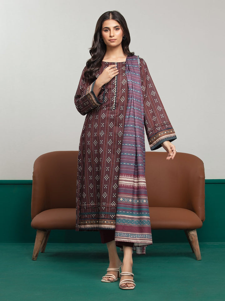 EWU23A3S-27627-3P Unstitched Dark Maroon Printed Khaddar 3 Piece