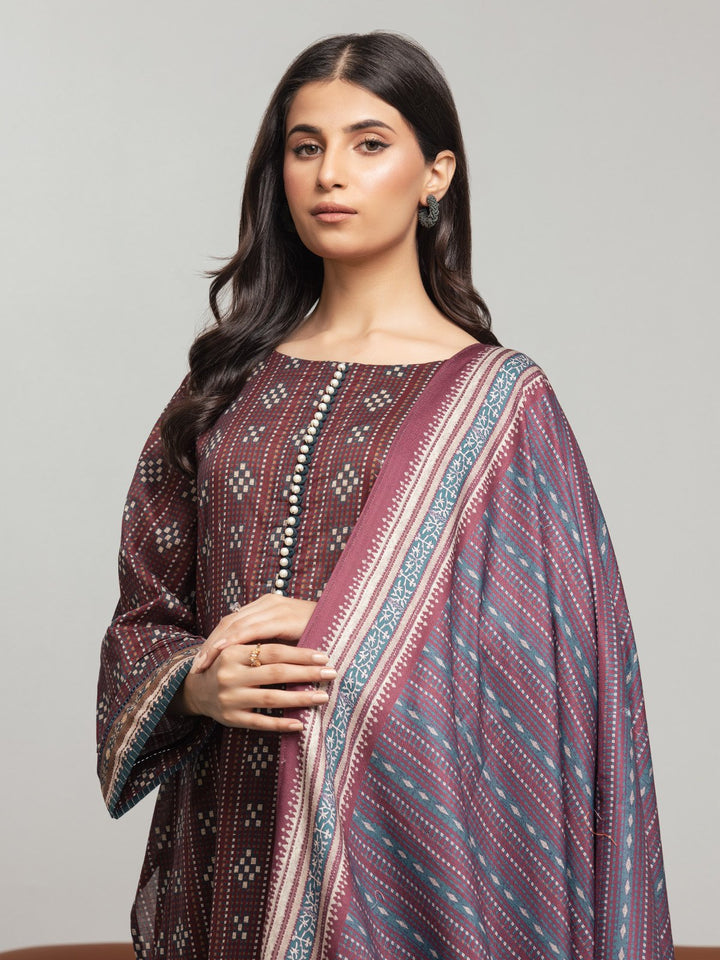 EWU23A3S-27627-3P Unstitched Dark Maroon Printed Khaddar 3 Piece