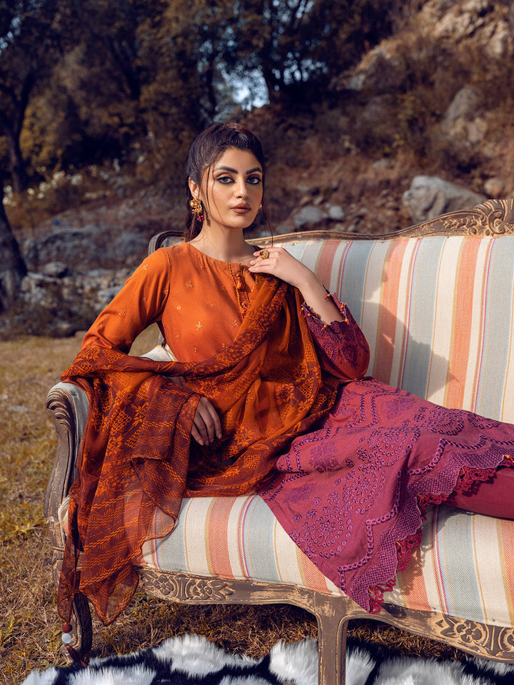 EWU22V12-25012 Unstitched Rust & Maroon Embroidered Khaddar 3 Piece