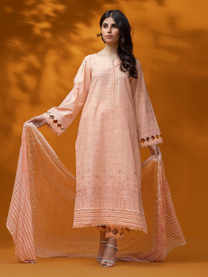 EWU22V17-26493 Unstitched Peach Embroidered Crosshatch 3 Piece