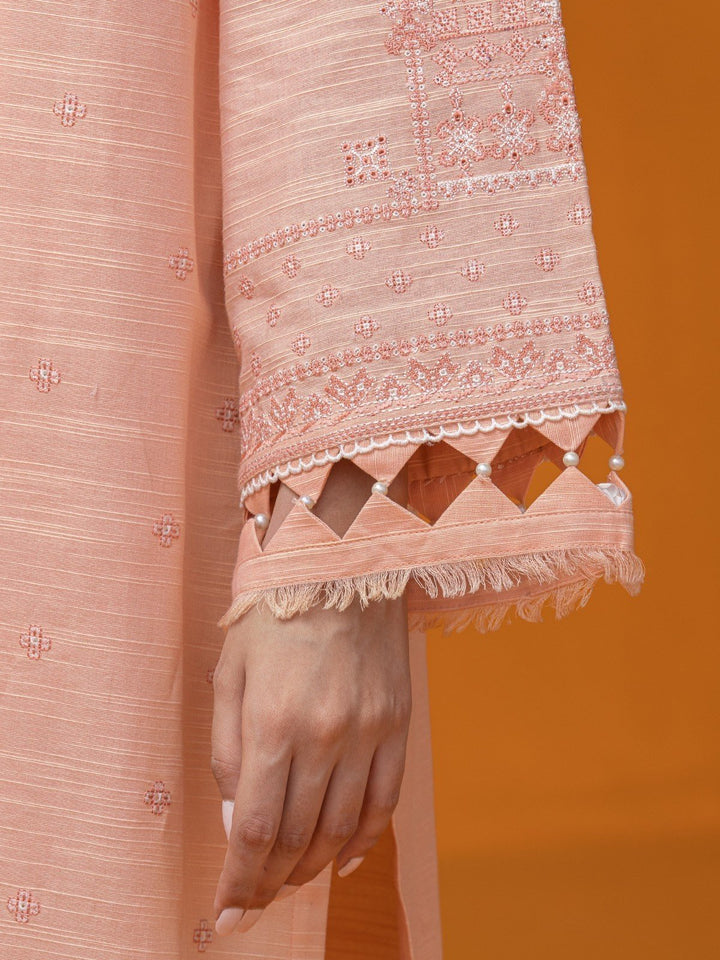 EWU22V17-26493 Unstitched Peach Embroidered Crosshatch 3 Piece