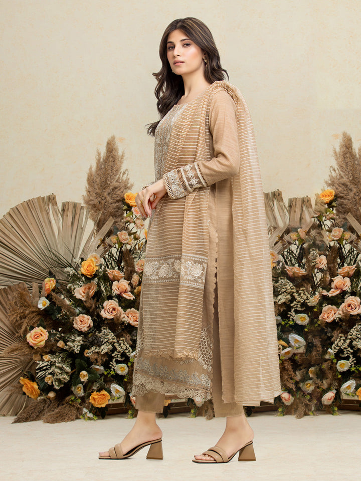 EWU24V6-28755-3P Unstitched Beige Embroidered Chanderi 3 Piece