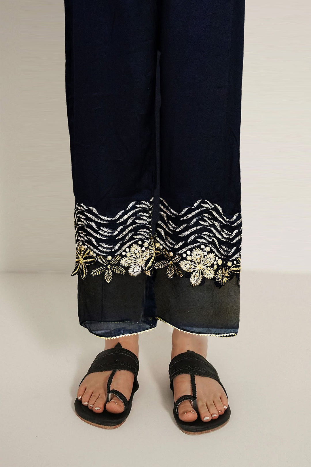 3157-MIDNIGHT EMBROIDERED SILK TROUSER STITCHED