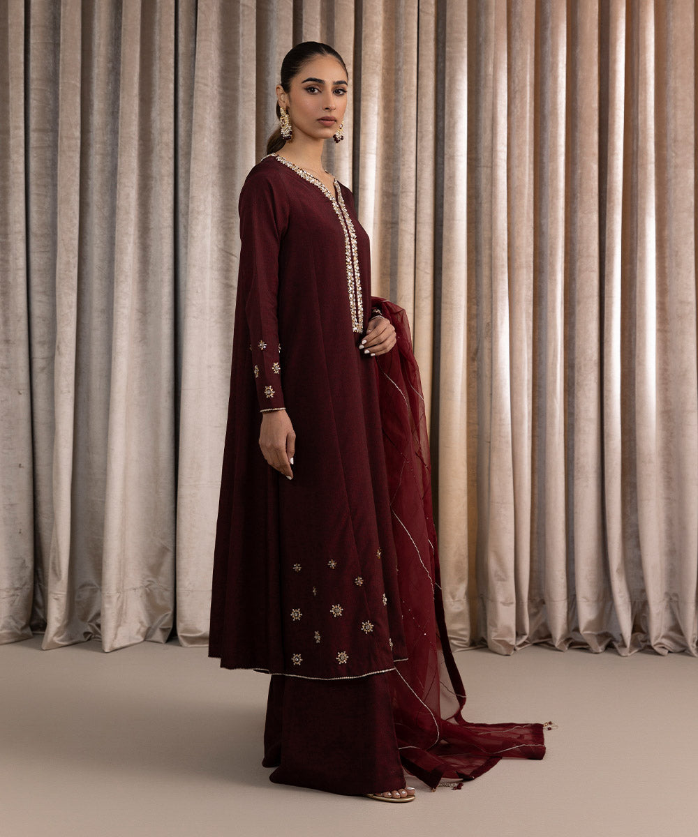 3 Piece - Embellished Raw Silk Suit