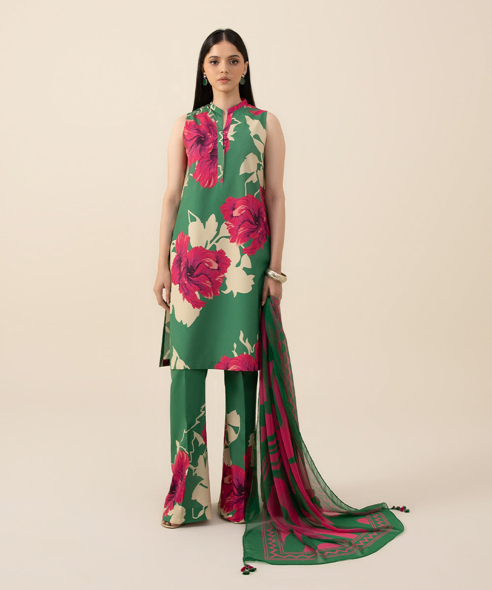 3 Piece -  Printed Silk Suit