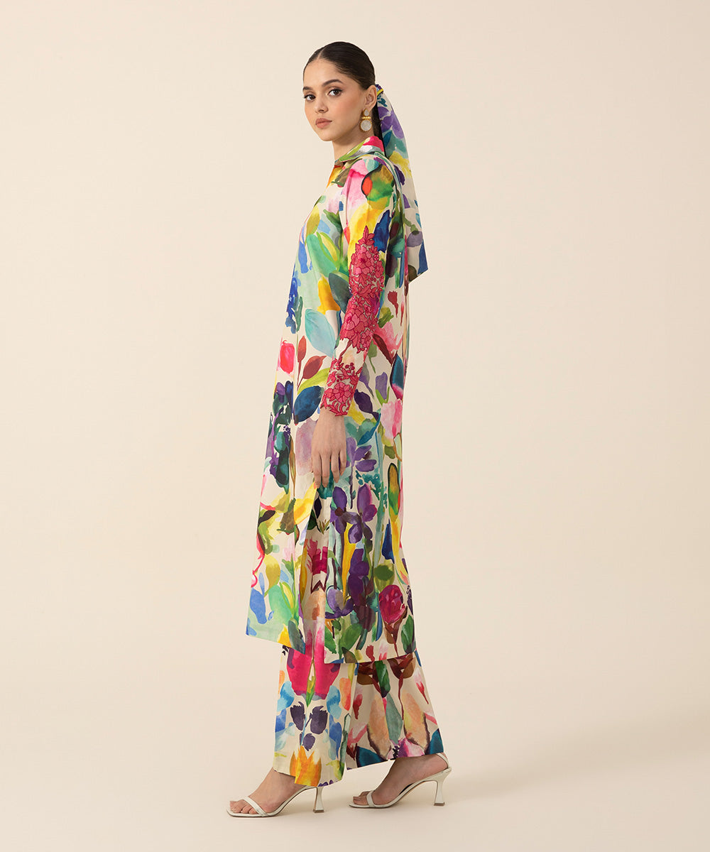 2 Piece - Embroidered Silk Suit