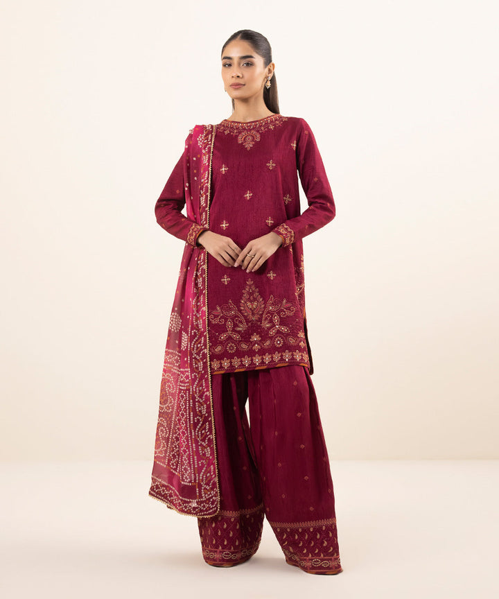 3 Piece - Embroidered Raw Silk Suit