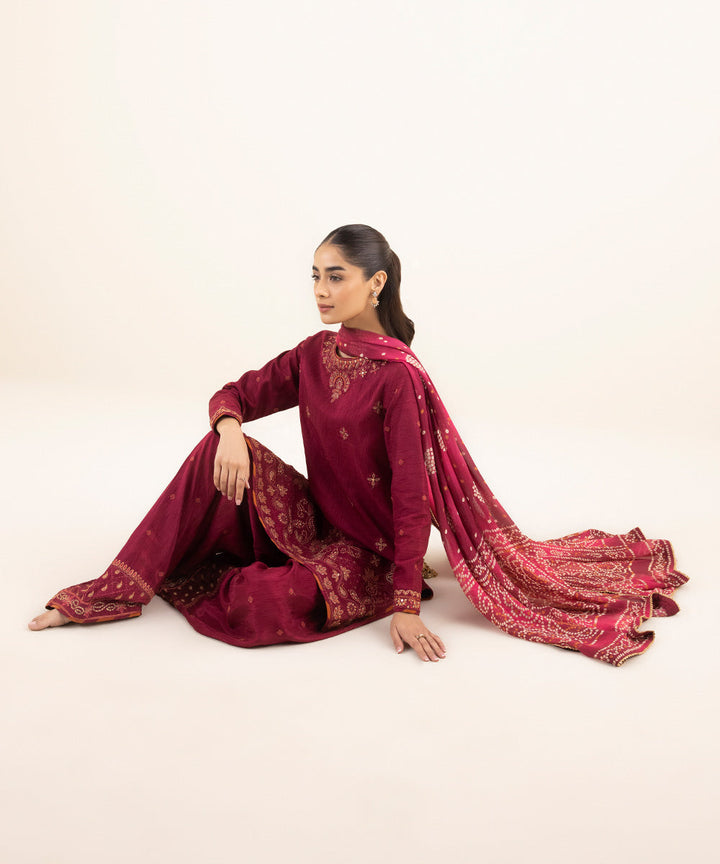 3 Piece - Embroidered Raw Silk Suit