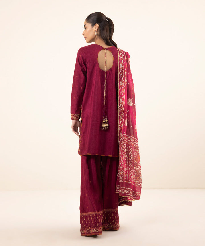 3 Piece - Embroidered Raw Silk Suit