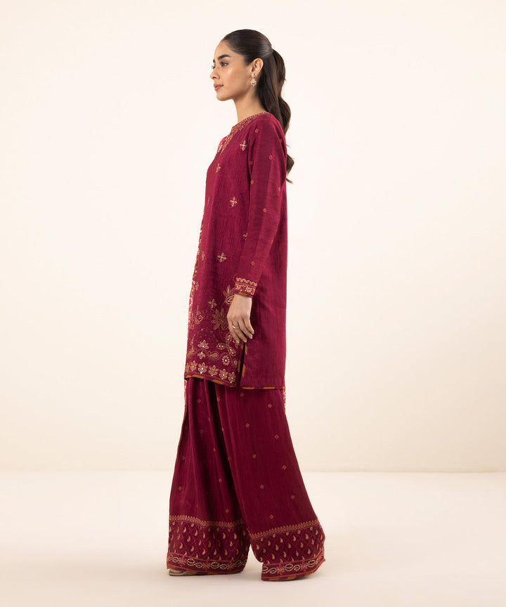 3 Piece - Embroidered Raw Silk Suit