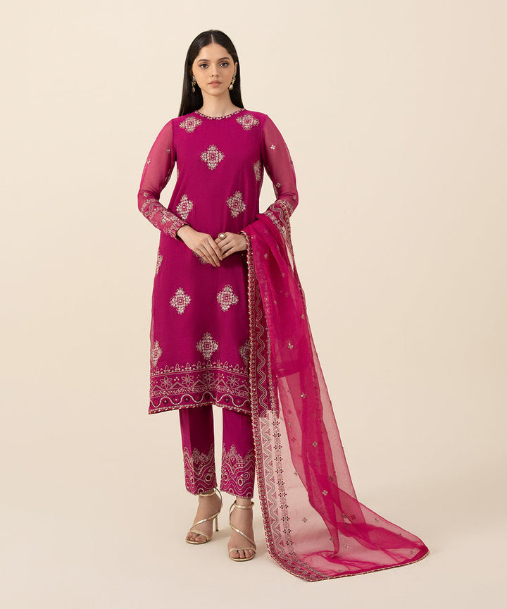 3 Piece - Embroidered Khaddi Net Suit