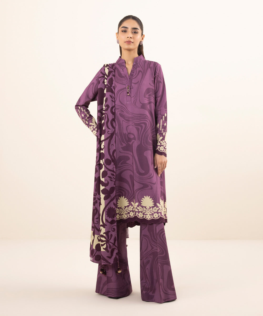 3 Piece -  Printed Linen Suit