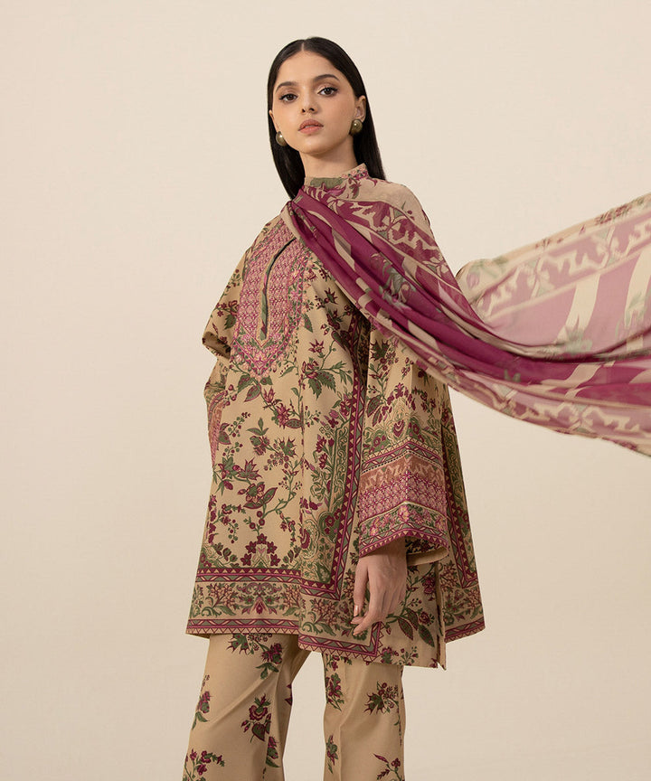 3 Piece -  Embroidered Silk Suit