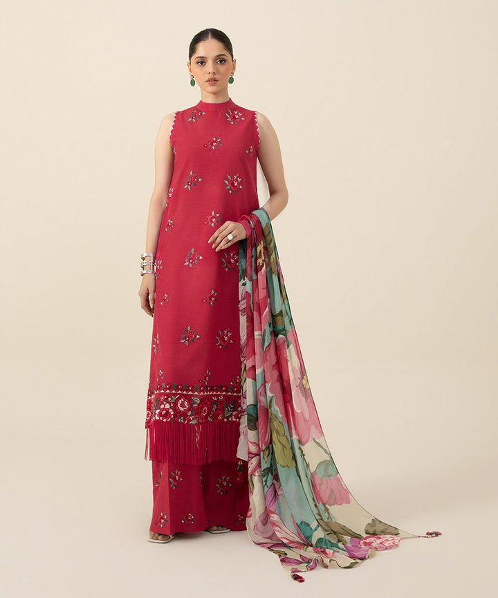 3 Piece - Embroidered Raw Silk Suit