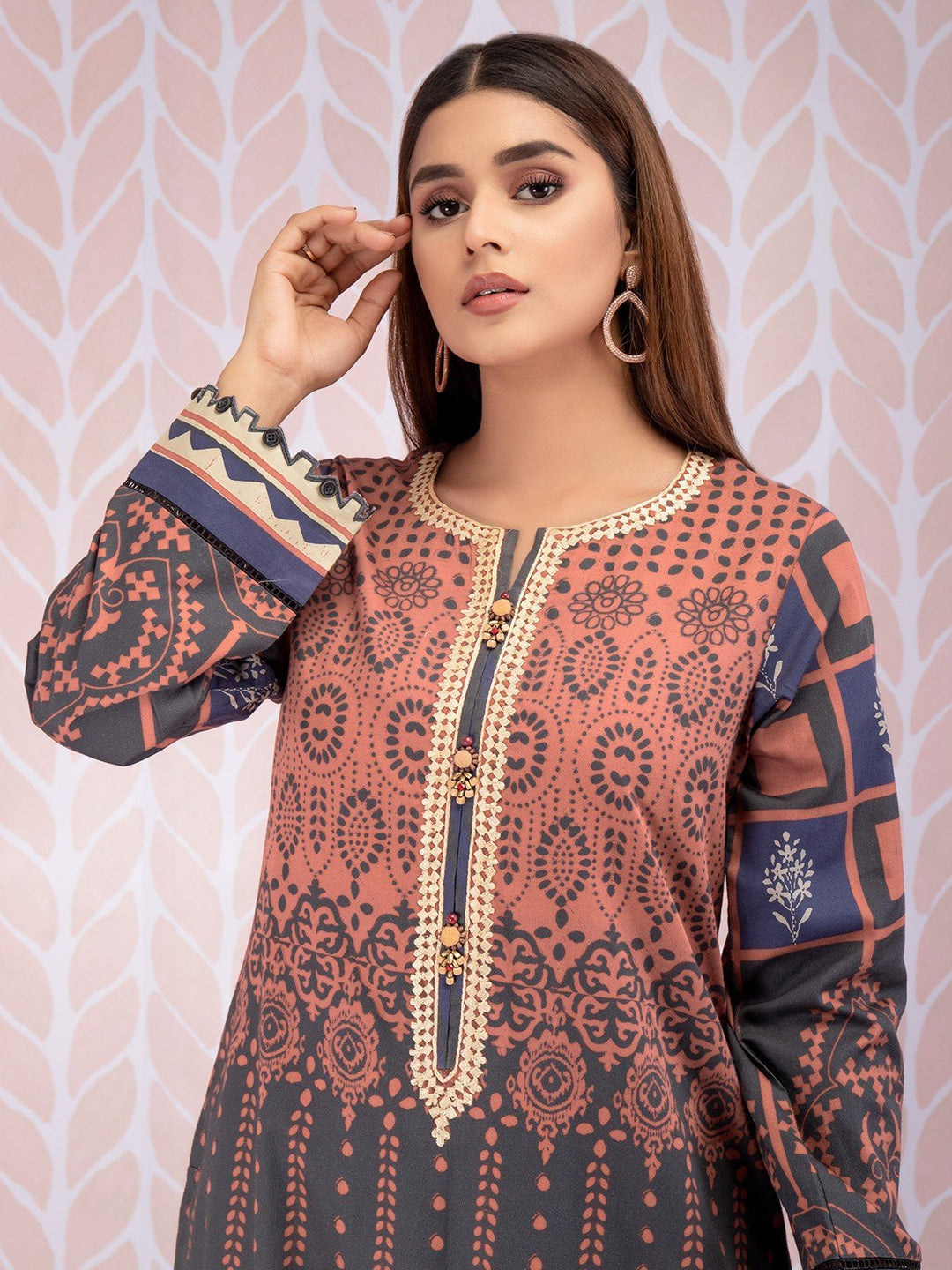 EWU21V8-21737 Unstitched Brown Embroidered Cotton 1 Piece