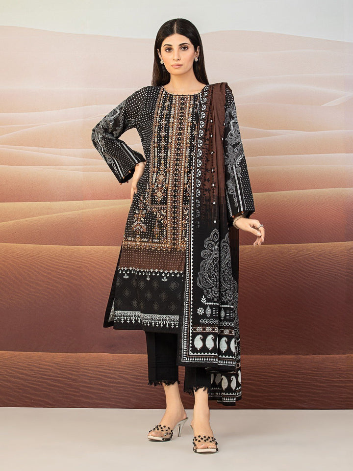 EWU22V11-25025 Unstitched Black & Brown Embroidered Khaddar 3 Piece