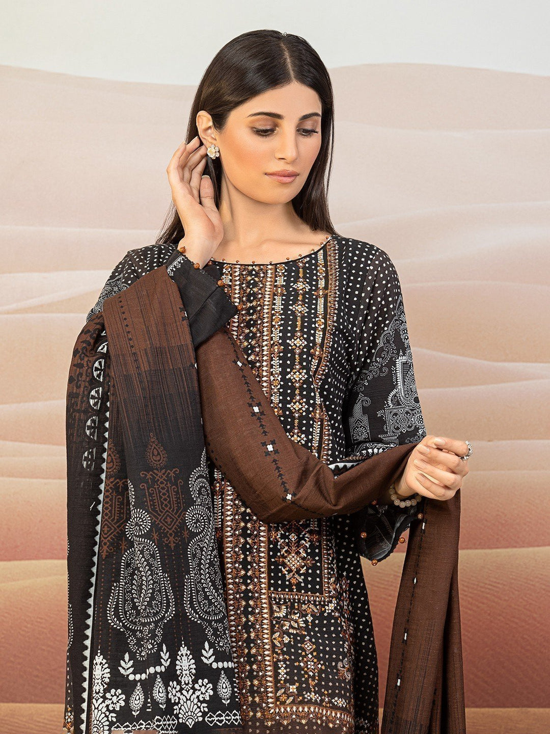 EWU22V11-25025 Unstitched Black & Brown Embroidered Khaddar 3 Piece