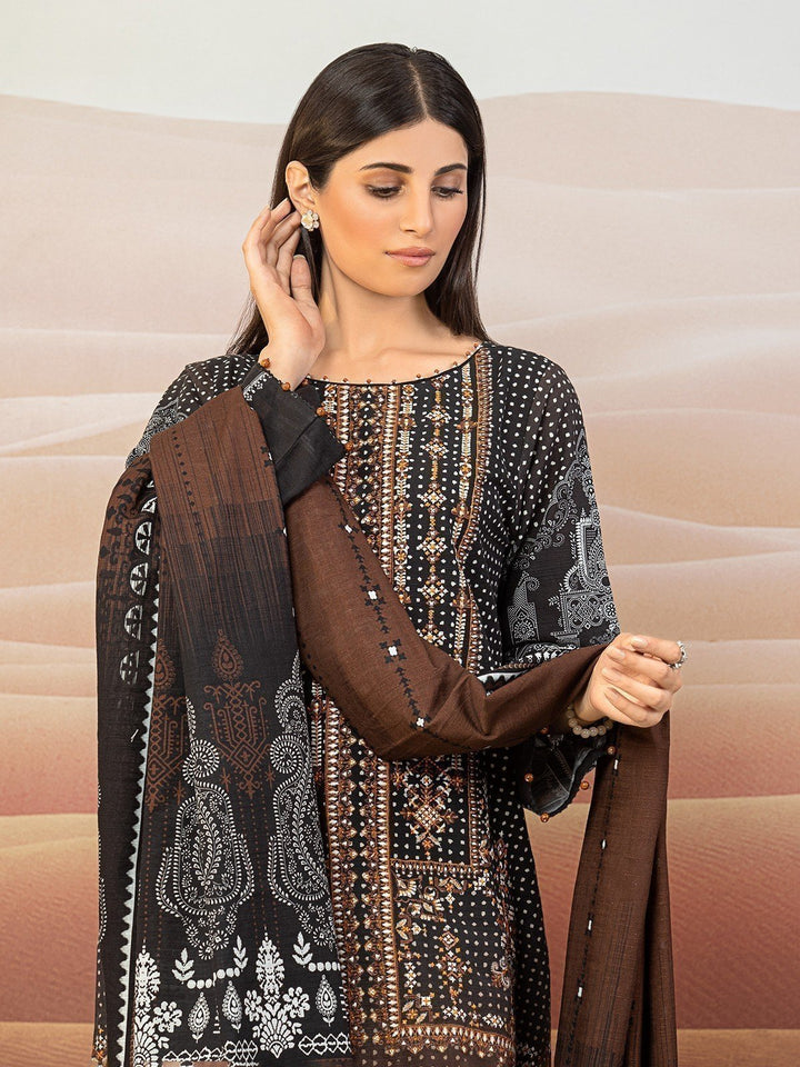 EWU22V11-25025 Unstitched Black & Brown Embroidered Khaddar 3 Piece