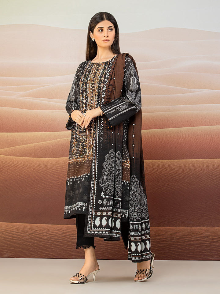 EWU22V11-25025 Unstitched Black & Brown Embroidered Khaddar 3 Piece