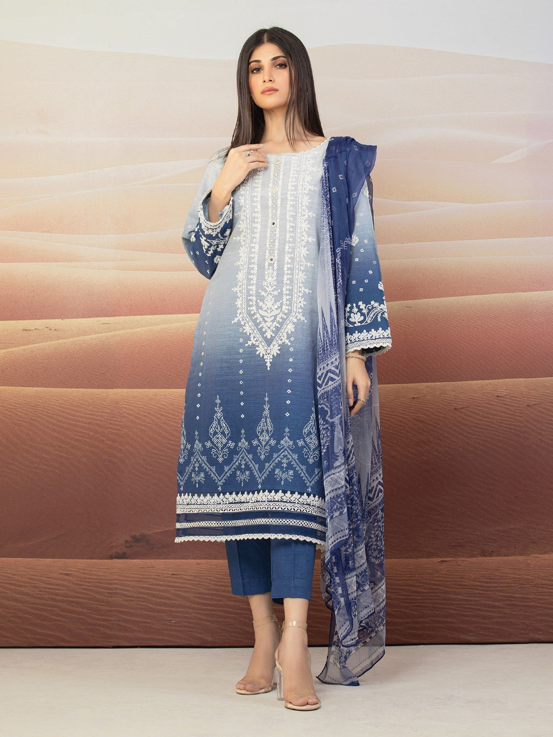 EWU22V12-25007 Unstitched Blue Embroidered Khaddar 3 Piece