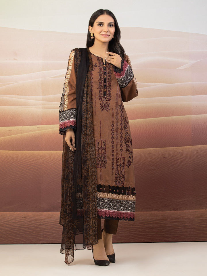 EWU22V12-25014 Unstitched Brown Embroidered Khaddar 3 Piece