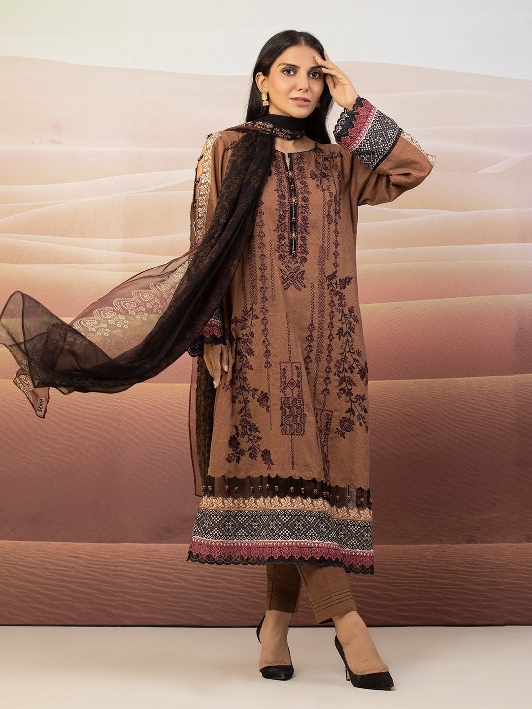 EWU22V12-25014 Unstitched Brown Embroidered Khaddar 3 Piece