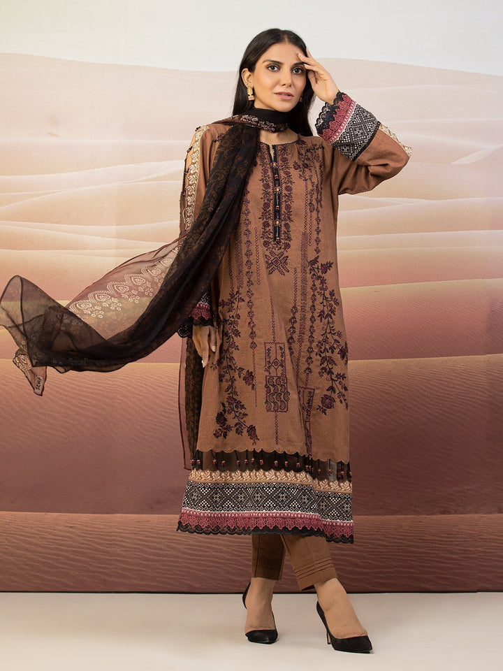 EWU22V12-25014 Unstitched Brown Embroidered Khaddar 3 Piece