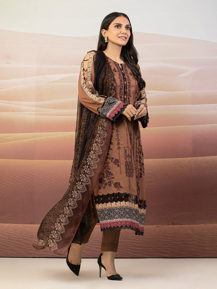 EWU22V12-25014 Unstitched Brown Embroidered Khaddar 3 Piece