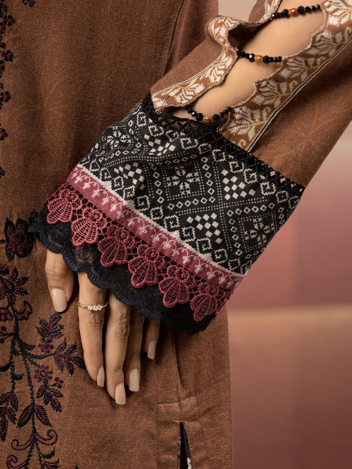 EWU22V12-25014 Unstitched Brown Embroidered Khaddar 3 Piece
