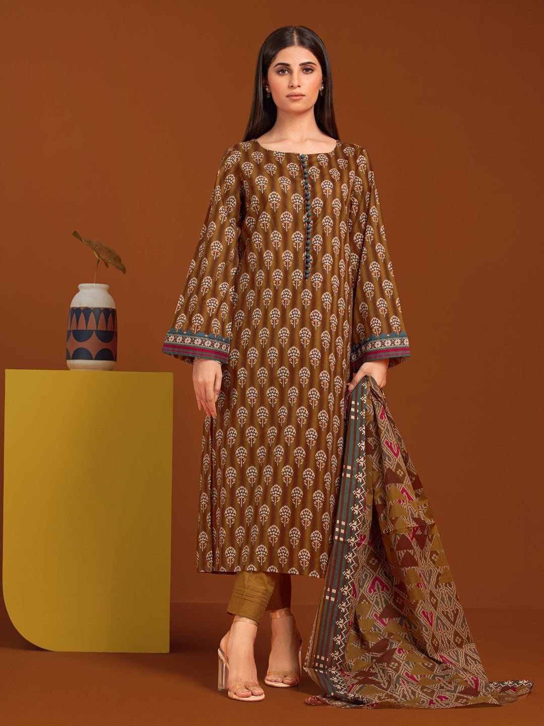 EWU23A3-27173-3P Unstitched Golden Brown Printed Khaddar 3 Piece