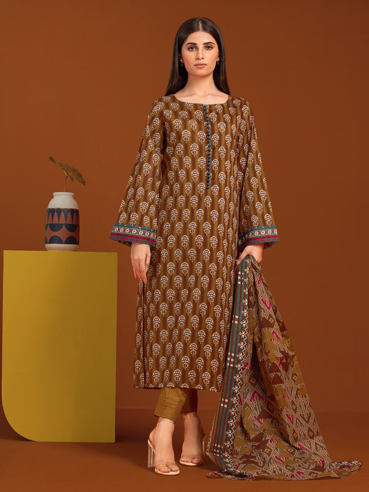 EWU23A3-27173-3P Unstitched Golden Brown Printed Khaddar 3 Piece