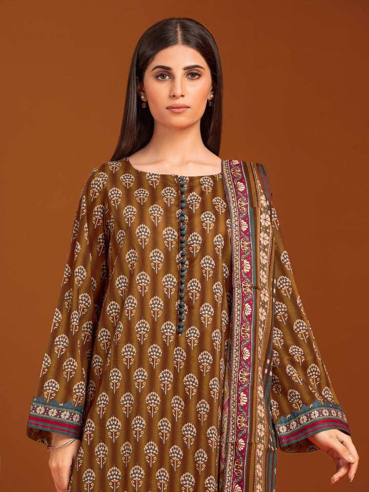 EWU23A3-27173-3P Unstitched Golden Brown Printed Khaddar 3 Piece