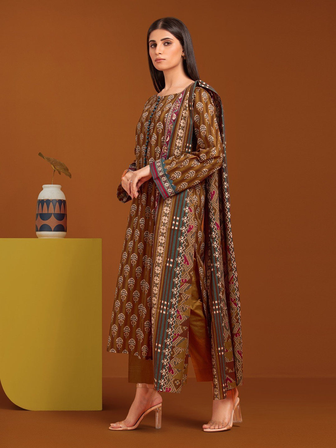EWU23A3-27173-3P Unstitched Golden Brown Printed Khaddar 3 Piece