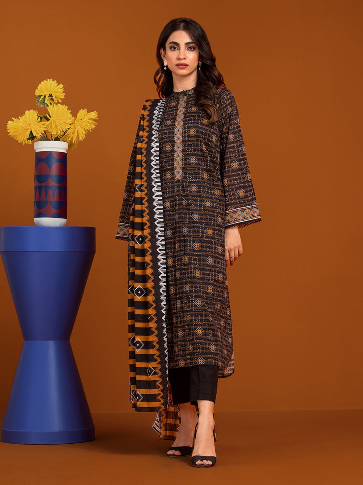 EWU23A3-27194-3P Unstitched Black & Brown Printed Khaddar 3 Piece