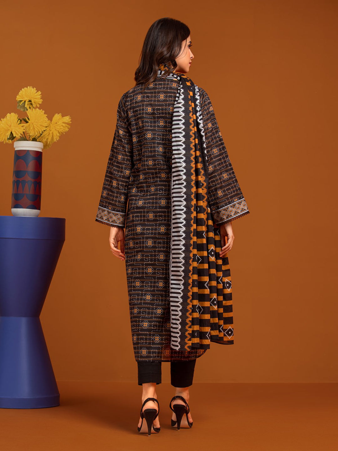 EWU23A3-27194-3P Unstitched Black & Brown Printed Khaddar 3 Piece