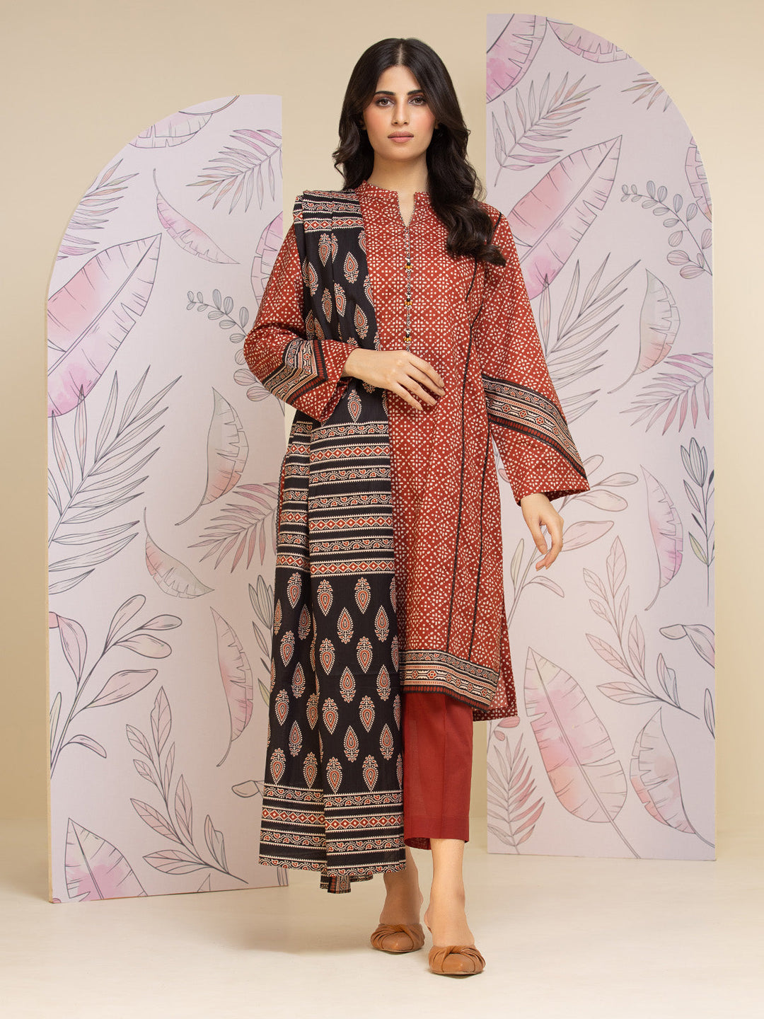 EWU24A1-26249-3P Unstitched Dark Rust Printed Lawn 3 Piece