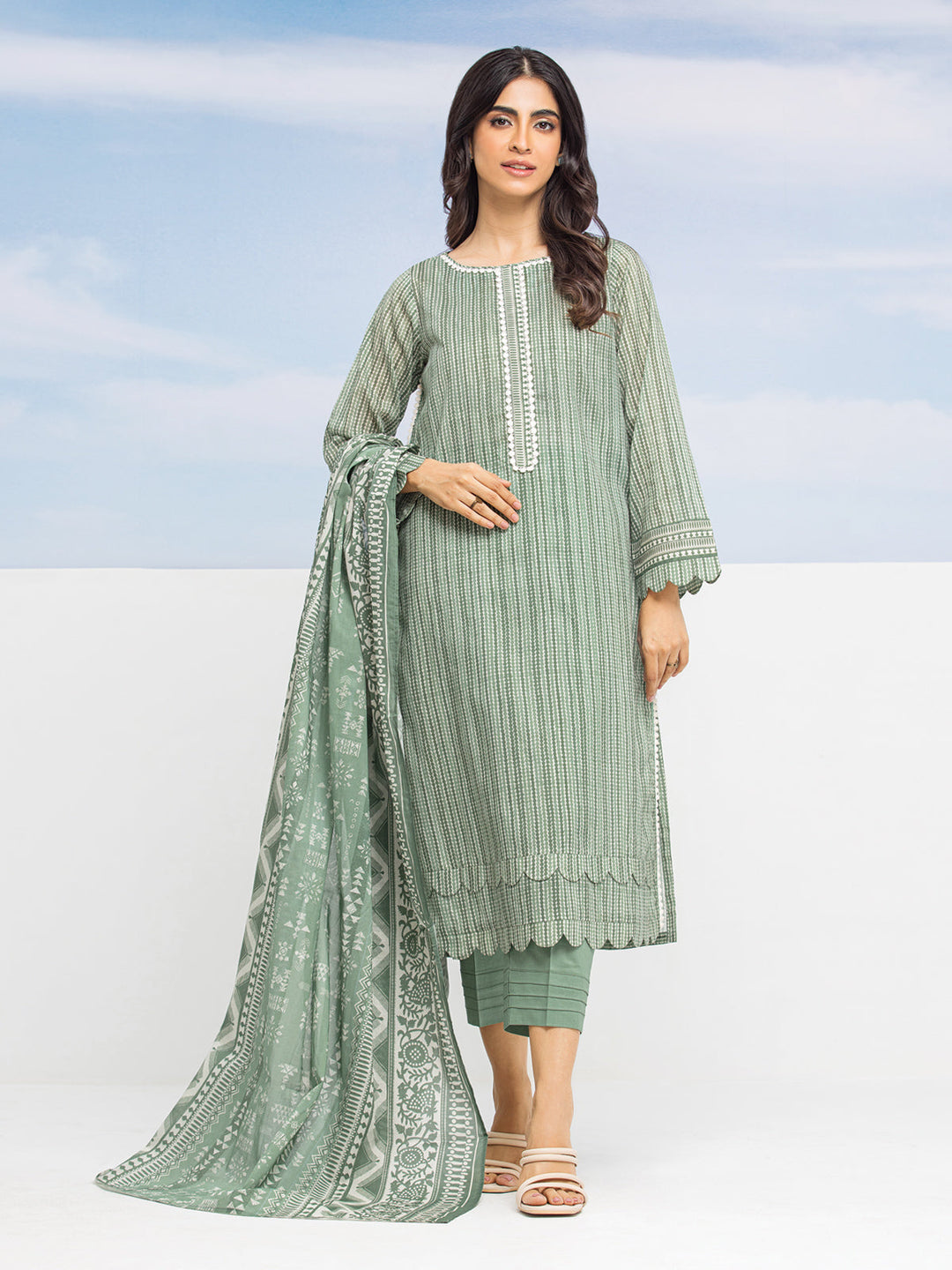 EWU24A1-28057-3P Unstitched Green Printed Lawn 3 Piece