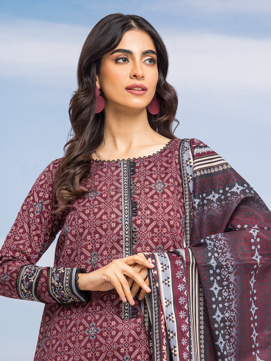 EWU24A1-28192-3P Unstitched Burgundy Printed Lawn 3 Piece
