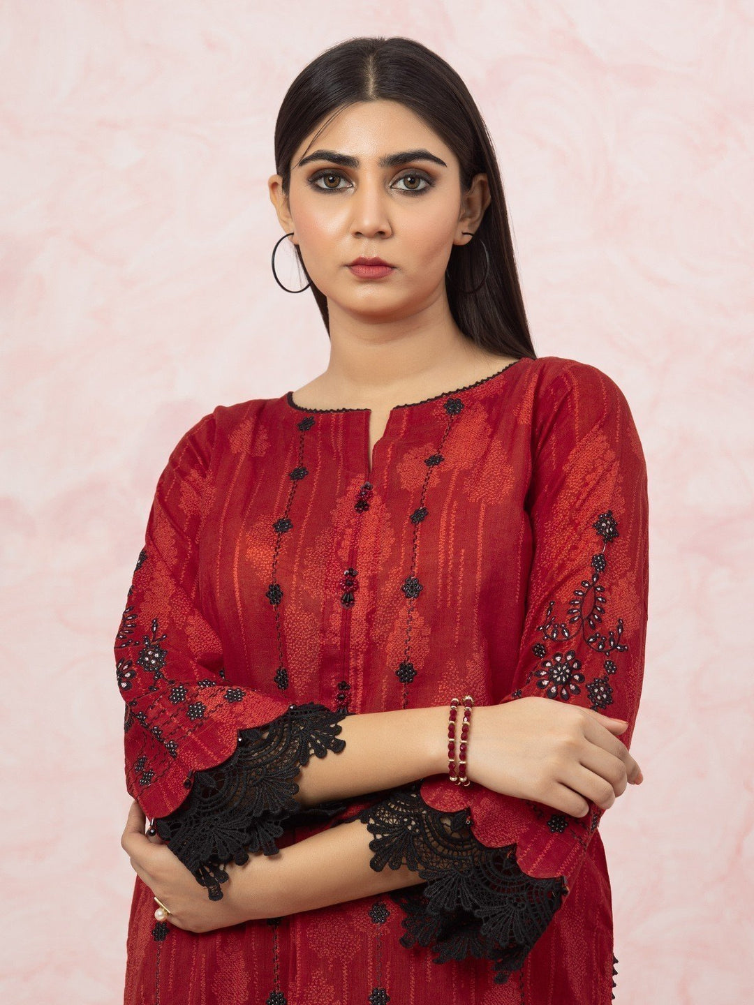 EWU22V1-26511 Unstitched Red Embroidered Lawn 2 Piece