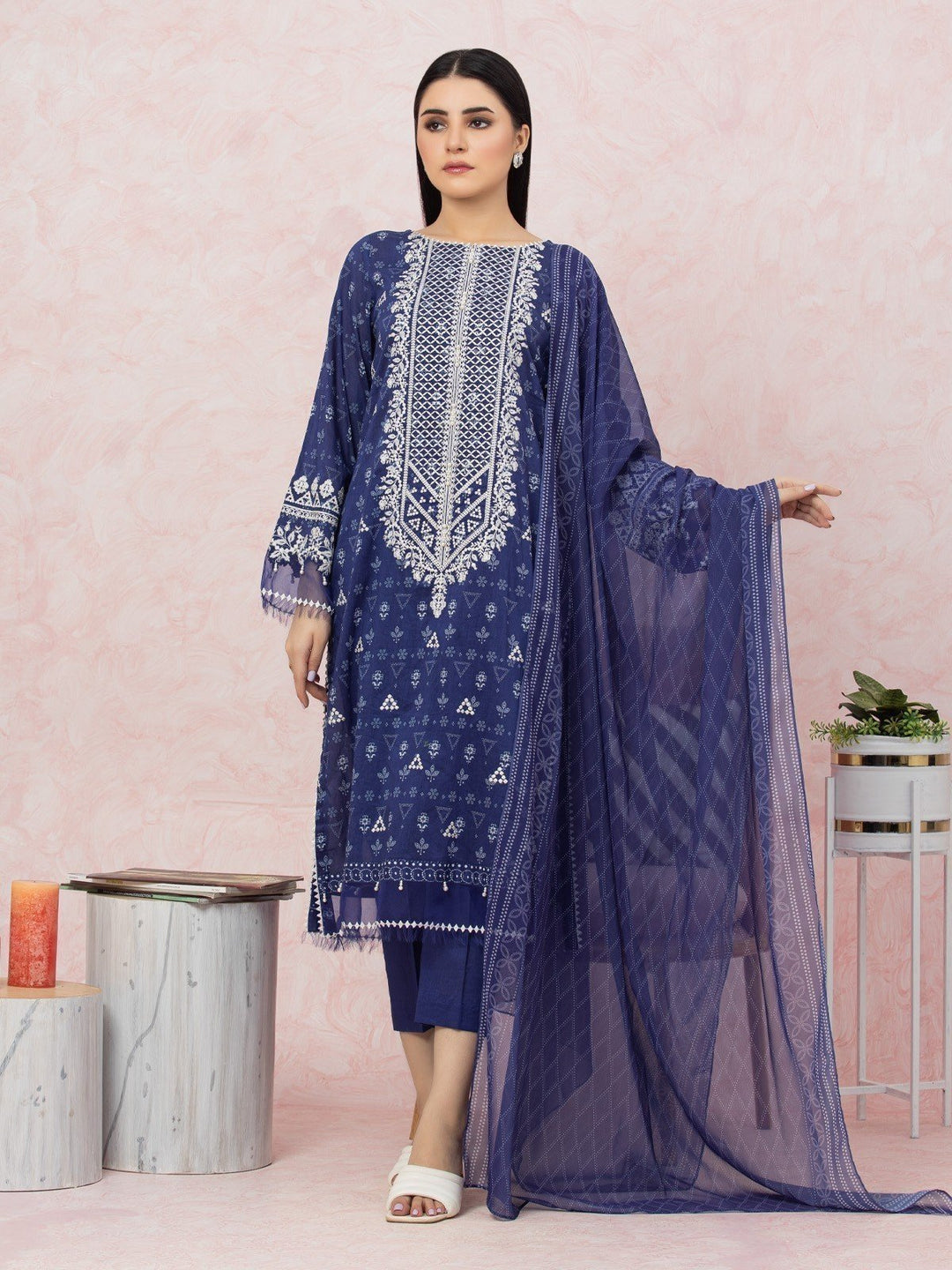 EWU22V1-26540 Unstitched Navy Blue Embroidered Lawn 3 Piece