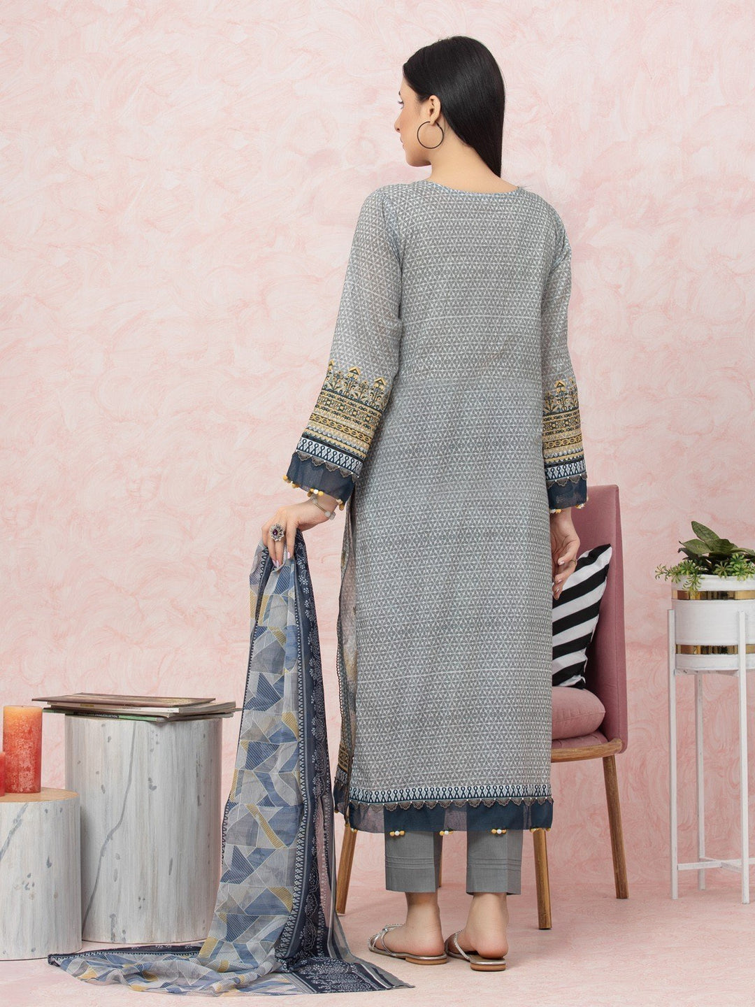 EWU22V1-26543 Unstitched Grey Embroidered Lawn 3 Piece