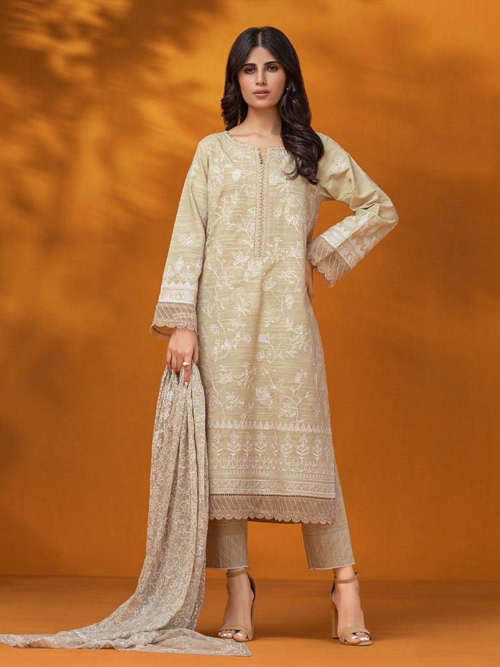 EWU22V17-26494 Unstitched Beige Embroidered Crosshatch 3 Piece