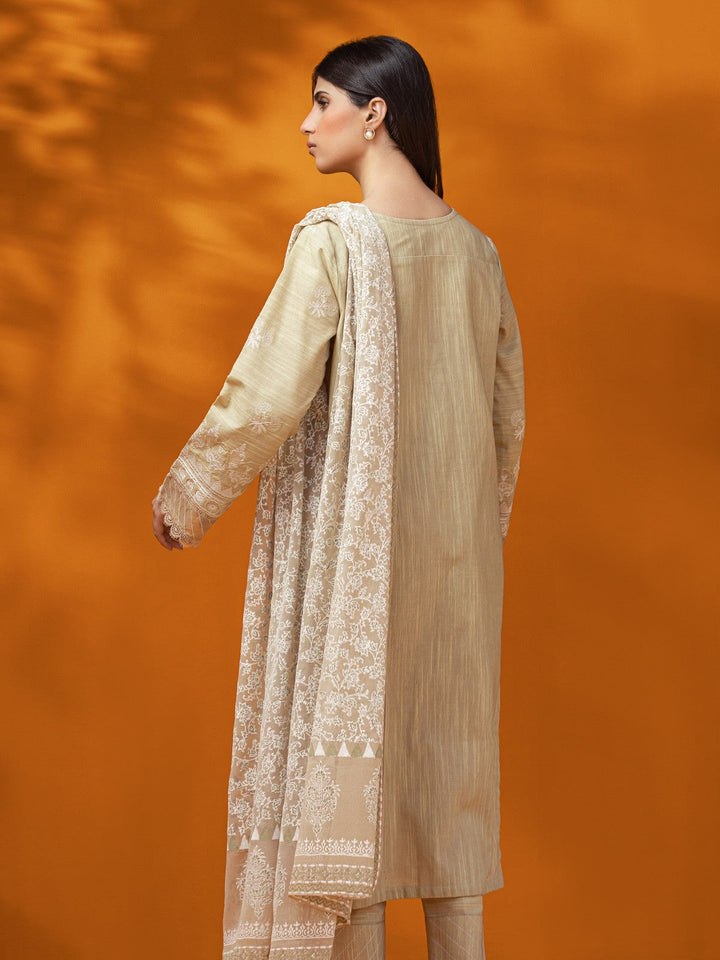 EWU22V17-26494 Unstitched Beige Embroidered Crosshatch 3 Piece