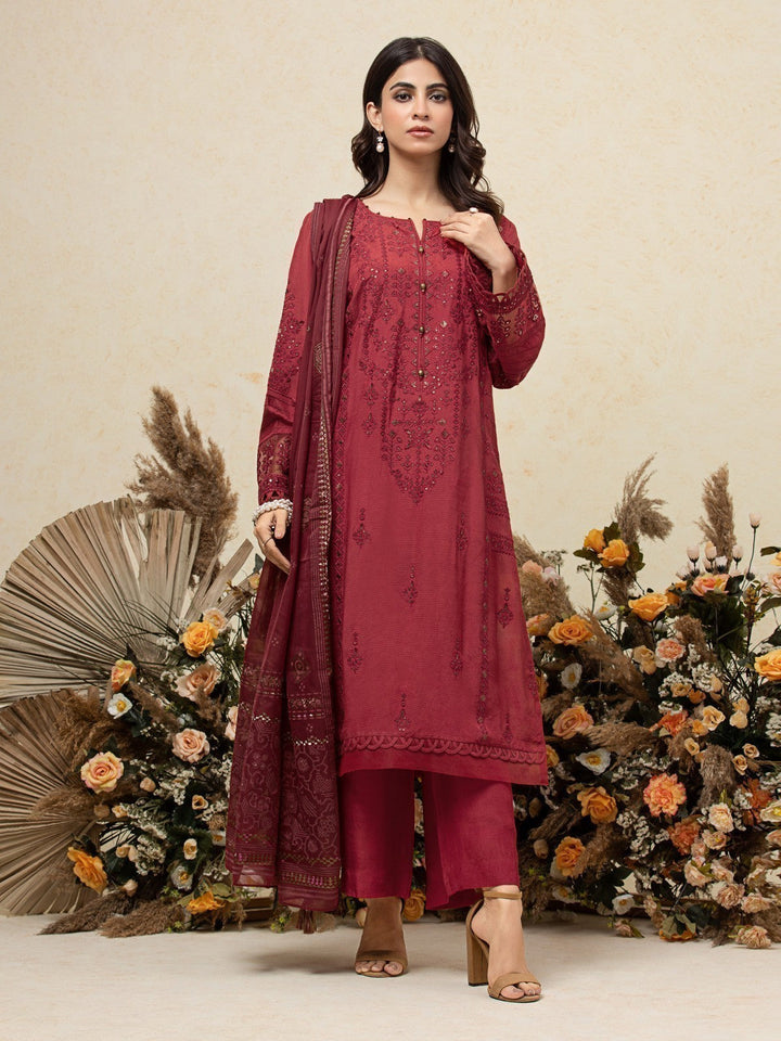 EWU23V16-26660 Unstitched Maroon Embroidered Raw Silk 3 Piece