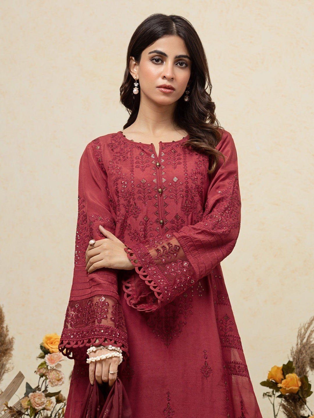 EWU23V16-26660 Unstitched Maroon Embroidered Raw Silk 3 Piece