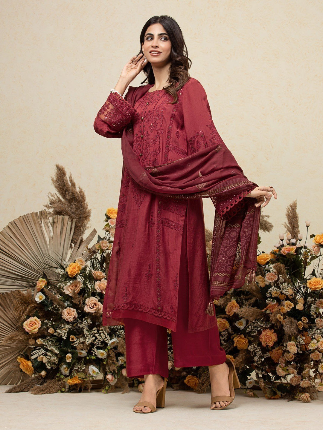 EWU23V16-26660 Unstitched Maroon Embroidered Raw Silk 3 Piece