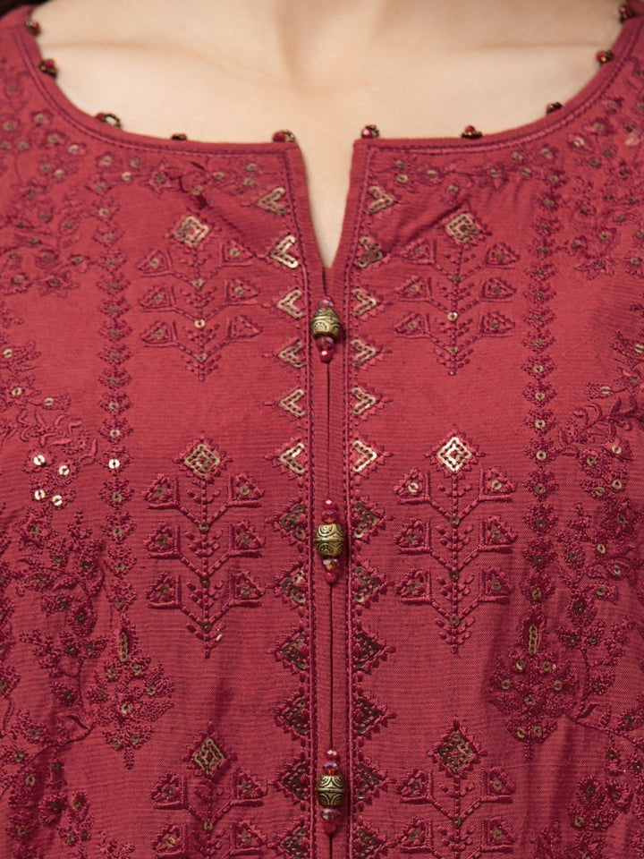 EWU23V16-26660 Unstitched Maroon Embroidered Raw Silk 3 Piece