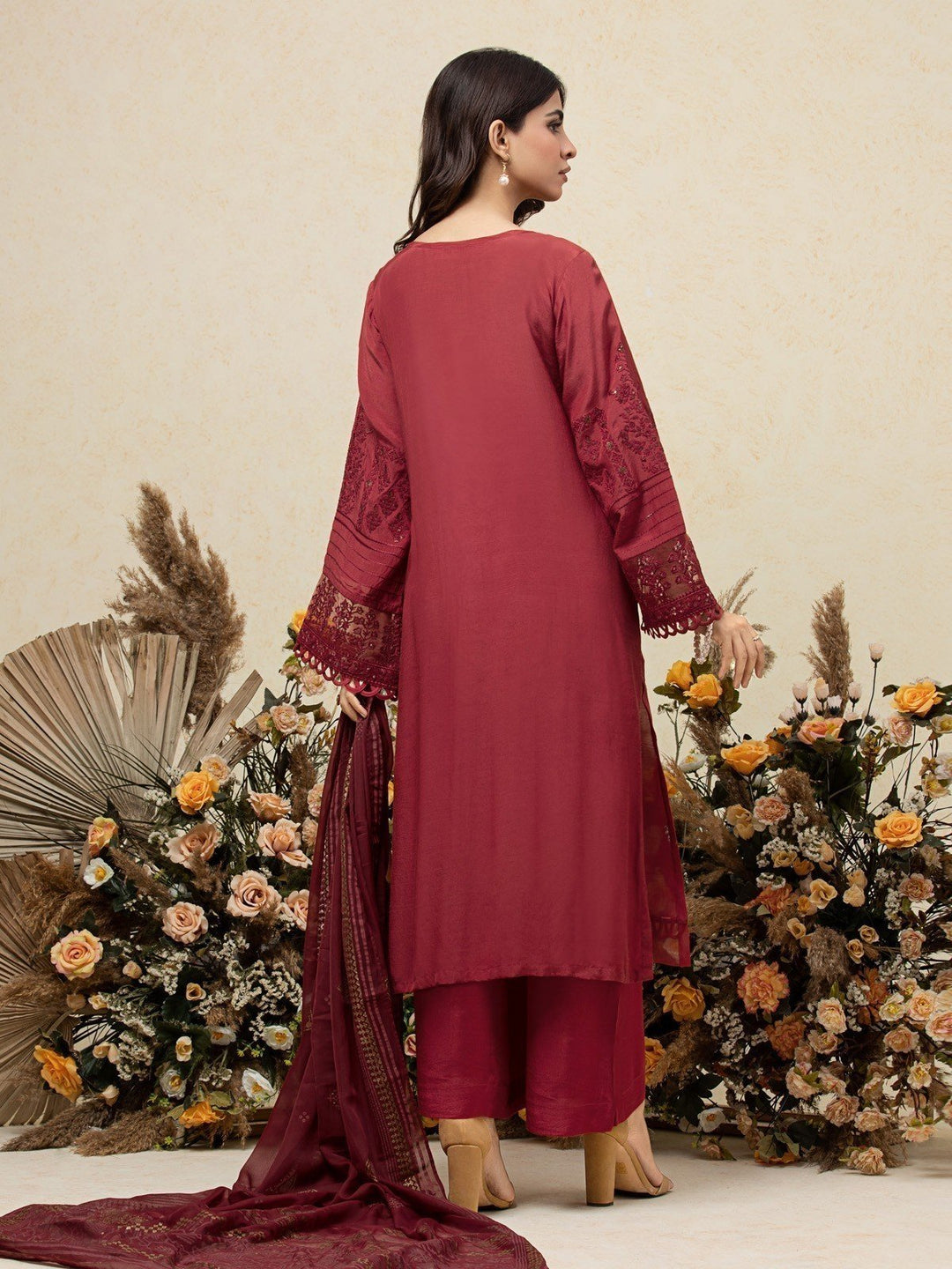 EWU23V16-26660 Unstitched Maroon Embroidered Raw Silk 3 Piece