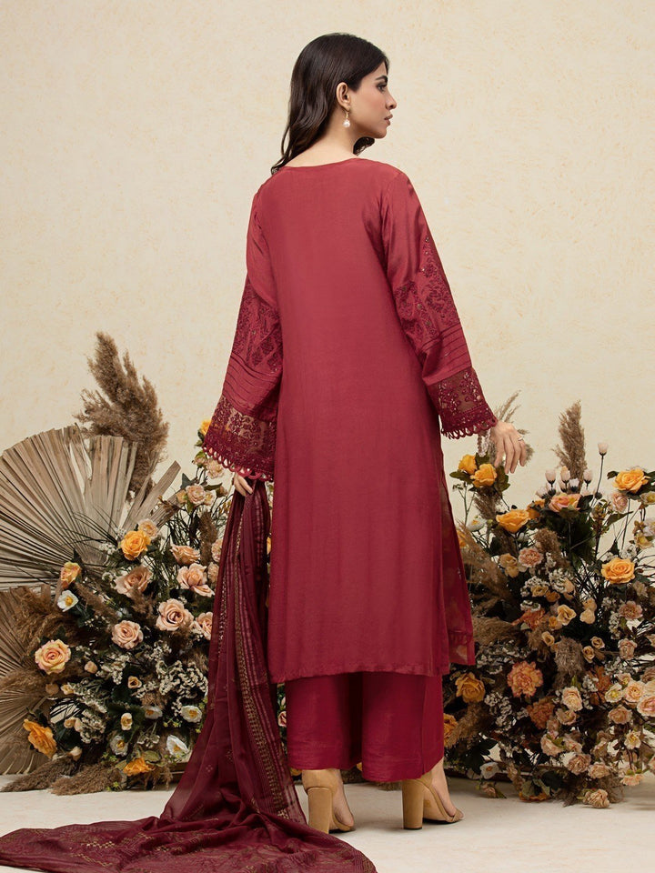 EWU23V16-26660 Unstitched Maroon Embroidered Raw Silk 3 Piece